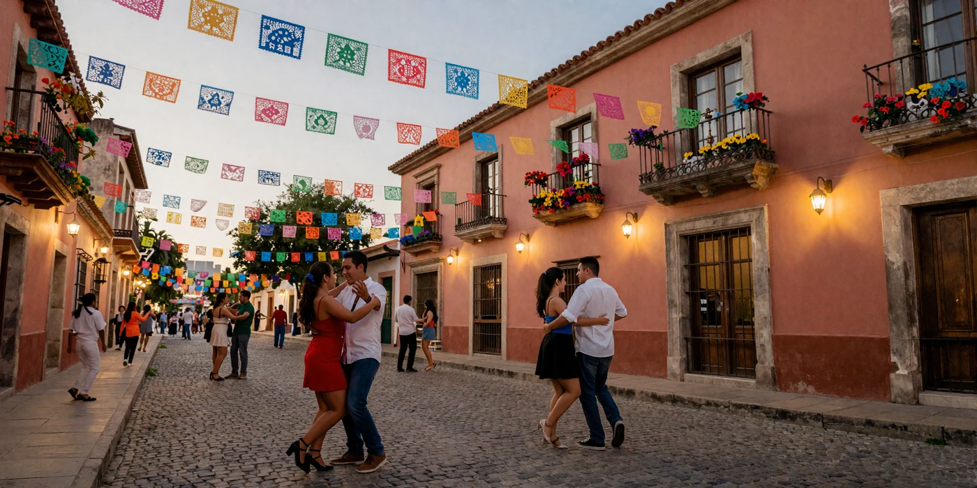 Vibrant Latin American street festival with couples dancing under colorful papel picado banners at golden hour