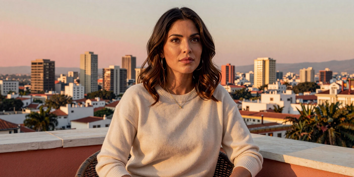 Confident Latina woman at a sunlit terrace representing the reality of modern international dating versus mail order bride myths
