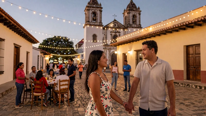 Nicaraguan couple holding hands at a festive colonial town plaza with string lights and colorful buildings at dusk