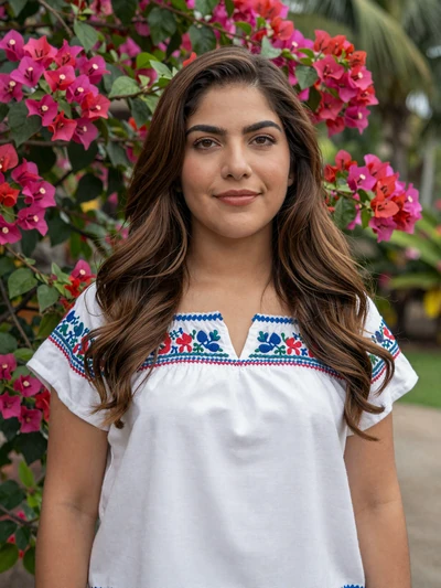 Melissa, 27, Salvadoran single from Sonsonate in white embroidered blouse by a tropical garden - verified dating profile
