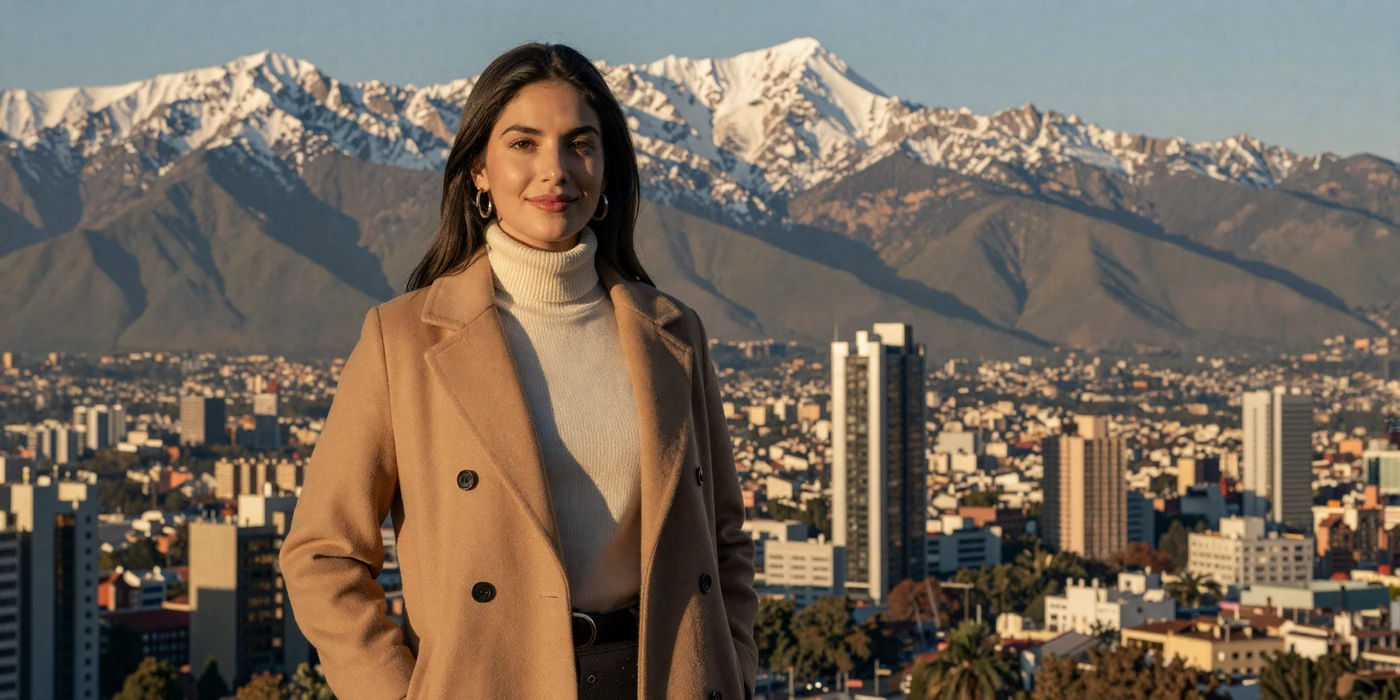 Sophisticated Chilean woman smiling at a Santiago lookout point with the Andes mountains and modern city skyline at golden hour