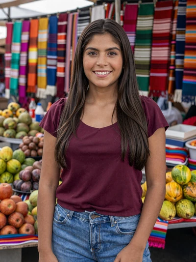 Carmen, 27, Guatemalan single from Huehuetenango in burgundy top at a vibrant open-air market - verified profile