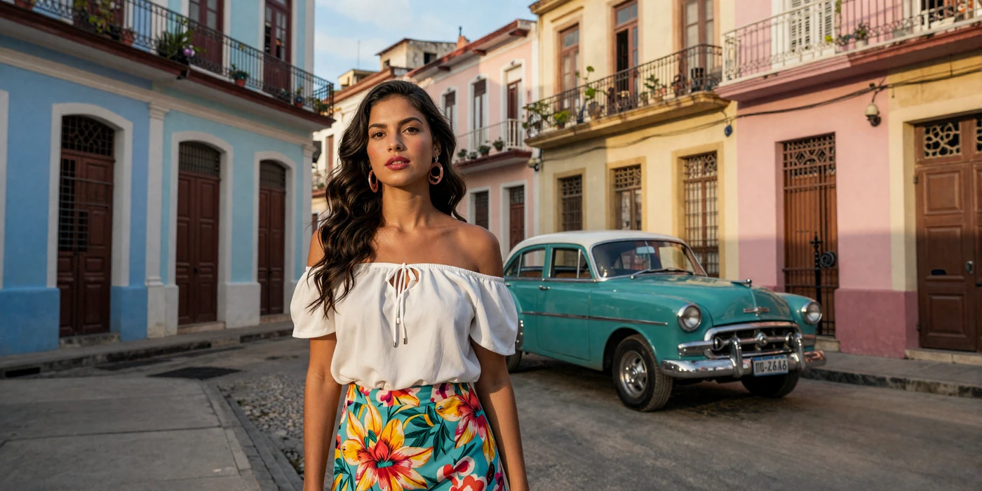 Beautiful Cuban woman smiling on a colorful Havana street with vintage cars and pastel colonial architecture at golden hour