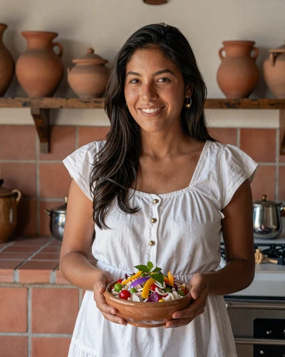 Peruvian woman in white dress preparing traditional ceviche in sunlit kitchen with terracotta tiles and clay pottery