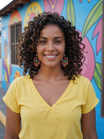 Zuleika, 26, Aruban woman with curly hair in front of colorful street mural in San Nicolas art district - verified dating profile