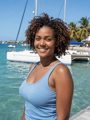 Tanya, 25, Vincentian single from Union Island on pier with sailboats and crystal Caribbean water - verified dating profile