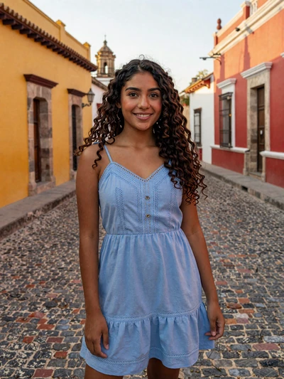 Scarleth, 25, Nicaraguan woman from Granada in blue sundress on colorful colonial street - Latin 312 verified profile