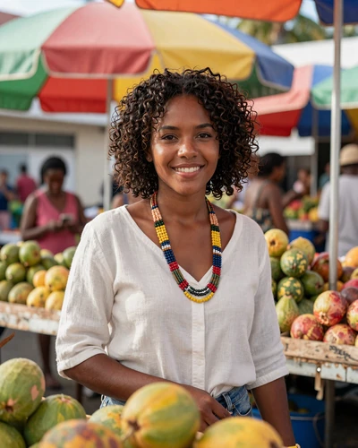 Saint Lucian woman with natural curly hair at a colorful Castries fruit market on a tropical morning in Saint Lucia