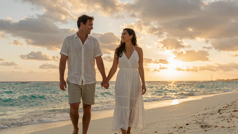 Happy interracial couple walking on Caribbean beach at sunset - latin women dating success story