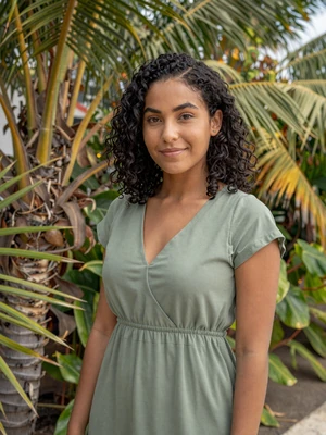 Tamara, 24, Vincentian woman from Georgetown in sage dress near tropical palms - Latin 312 verified profile