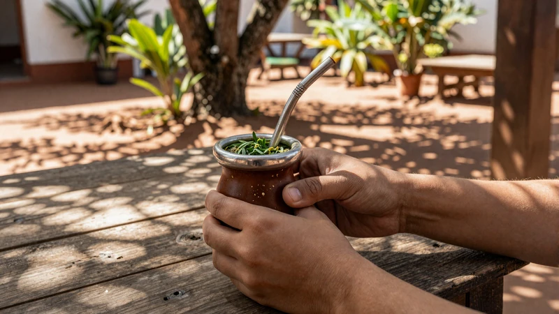 Traditional Paraguayan tereré sharing ritual with guampa and fresh pohã ñana herbs in a sunny courtyard
