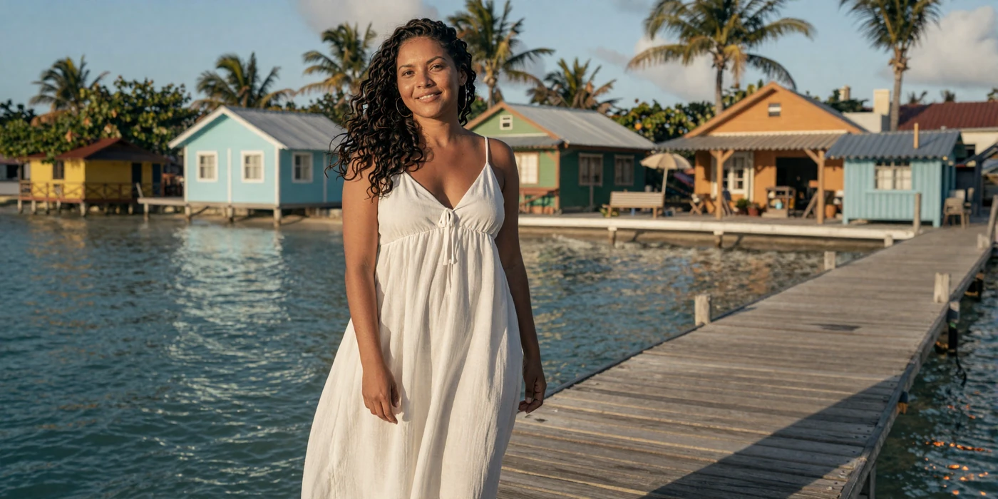 Beautiful Belizean woman in white sundress on a Caribbean dock in San Pedro Belize with turquoise waters and palm trees at golden hour