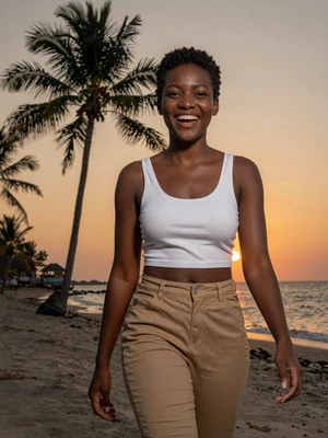 Tiffany, 24, Jamaican single from Negril with tapered natural hair laughing on sunset beach - verified dating profile