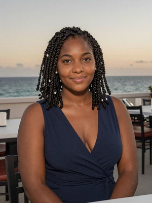 Keisha, 27, Jamaican single from Montego Bay in navy wrap dress at rooftop restaurant with ocean view - verified profile
