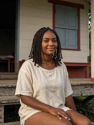 Camille, 27, Grenadian single from Sauteurs with twisted natural hair on Caribbean house steps - verified dating profile