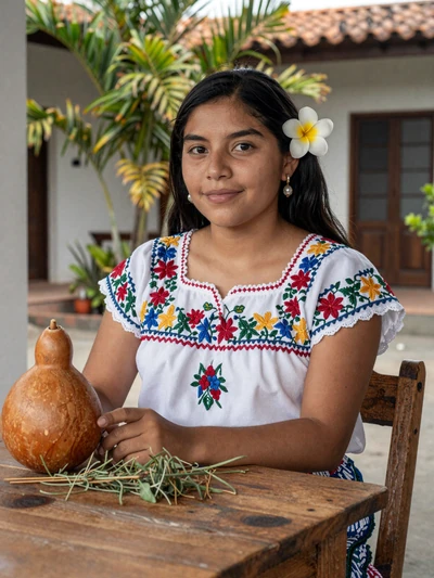 Paraguayan woman in traditional embroidered blouse with ñandutí lace details sharing tereré in a courtyard with tropical plants