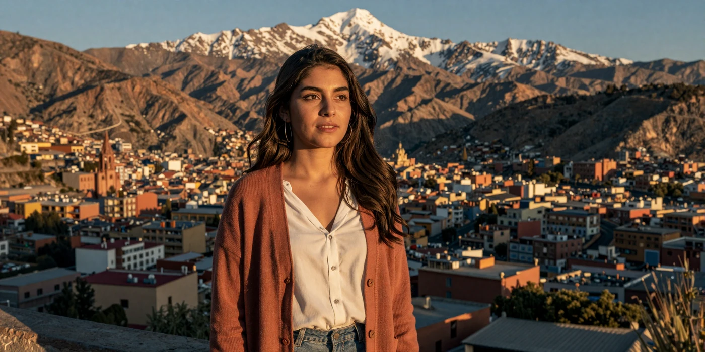 Beautiful Bolivian woman smiling at a scenic overlook in La Paz with snow-capped Illimani mountain and colorful city buildings at golden hour