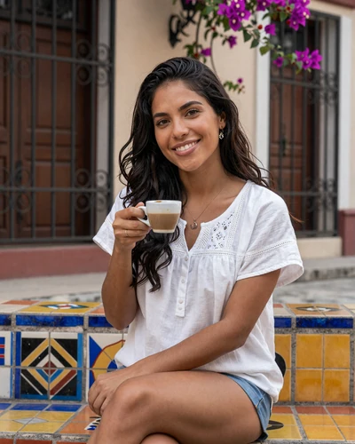 Cuban woman enjoying traditional cafecito on a colorful Havana patio with bougainvillea and wrought iron details