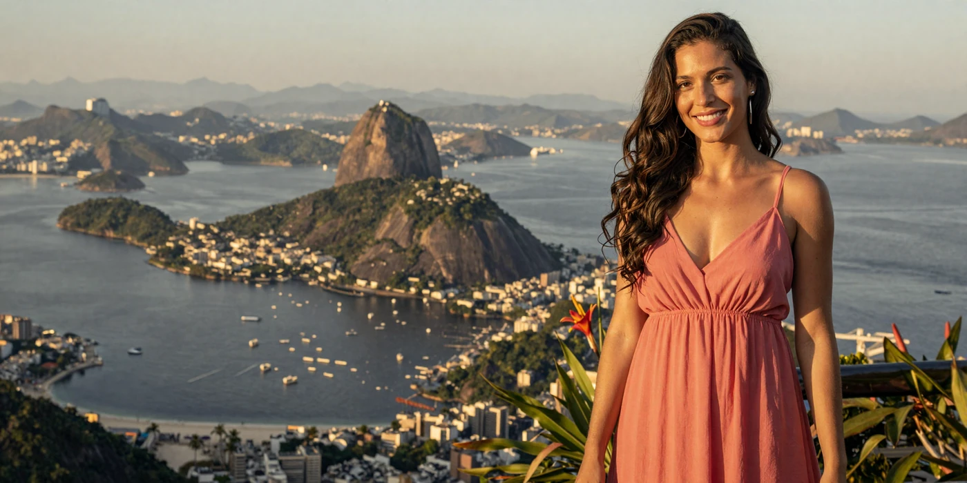 Beautiful Brazilian woman smiling with Rio de Janeiro coastline and tropical mountains in the background at golden hour