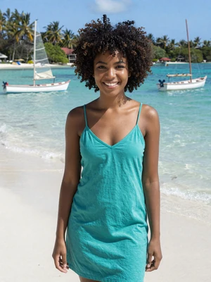 Naomi, 23, Vincentian single from Bequia on white sand beach with sailing boats - verified dating profile