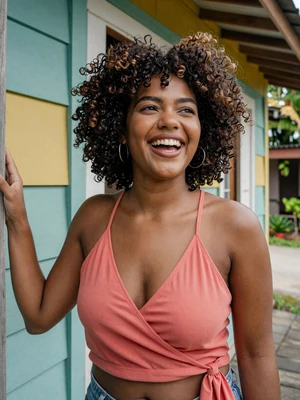 Marjorie, 26, Surinamese-Creole woman from Lelydorp with natural curly hair near colorful wooden house - verified profile