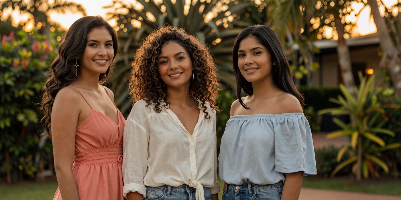 Three beautiful Latin women smiling in golden hour light - Latin women dating on Latin 312 Dating platform
