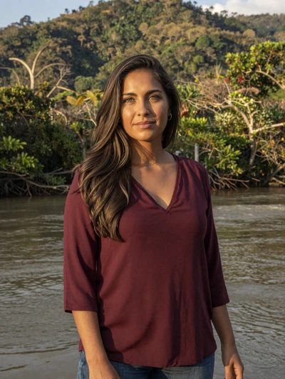 Selena, 30, Belizean Mestizo woman from San Ignacio with green-brown eyes in burgundy blouse near Macal River - Latin 312 verified profile