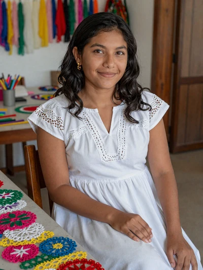 Milagros, 25, Paraguayan single from Itauguá in white dress with ñandutí patterns at lace workshop - verified dating profile