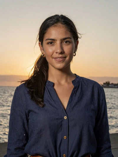 Gloria, 29, Paraguayan woman from Encarnación in navy blouse at Costanera waterfront at sunset - Latin 312 verified profile