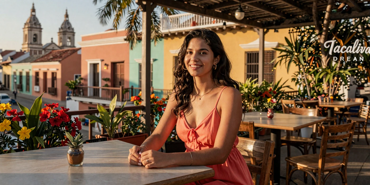 Beautiful Latina woman smiling at an outdoor café in Cartagena, representing the joy of dating Latin women