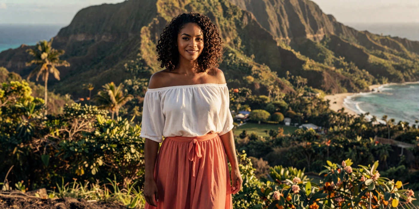 Beautiful Jamaican woman smiling confidently on a hillside overlooking Jamaica's Blue Mountains and turquoise Caribbean Sea at golden hour