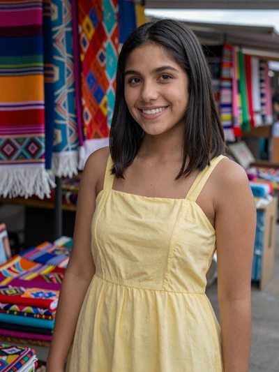 Mabel, 24, Paraguayan single from Ciudad del Este in yellow sundress at colorful market - verified dating profile