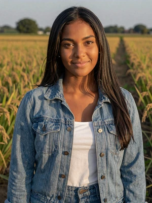 Sita, 23, Surinamese-Hindustani woman from Nieuw Nickerie in denim jacket by rice fields at sunset - Latin 312 verified