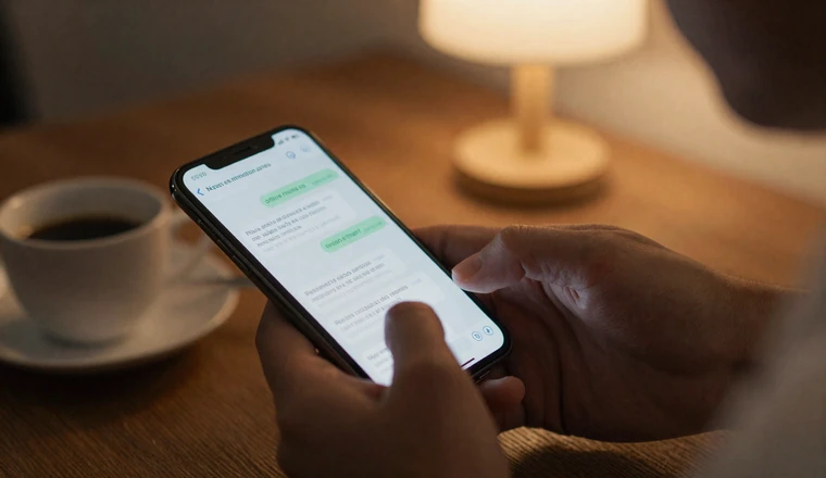 Man typing Spanish phrases in a dating app chat on his smartphone during a cozy evening at home