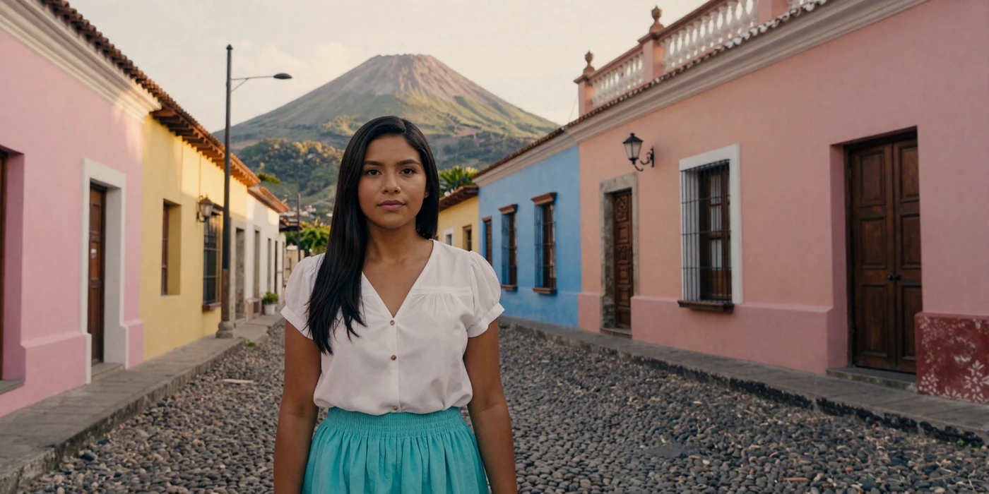 Beautiful Salvadoran woman smiling on a colorful colonial street in Suchitoto with volcanic hills and golden hour light