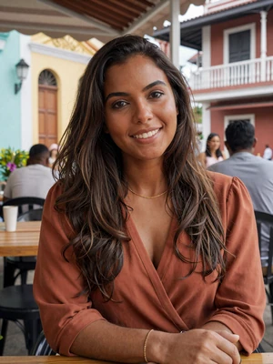 Anisha, 27, Surinamese-Hindustani woman at Paramaribo cafe terrace in terracotta blouse - verified dating profile