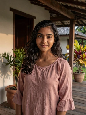 Radhika, 22, Surinamese-Javanese-Hindustani woman on traditional wooden veranda in dusty rose blouse - Latin 312 verified