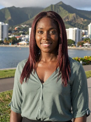Shelly-Ann, 25, Jamaican woman from Kingston with burgundy-highlighted hair at Kingston waterfront - Latin 312 verified profile