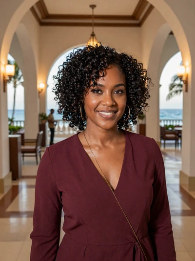 Shontelle, 28, Barbadian woman from St. James with curly natural hair at a resort lobby - Latin 312 verified profile