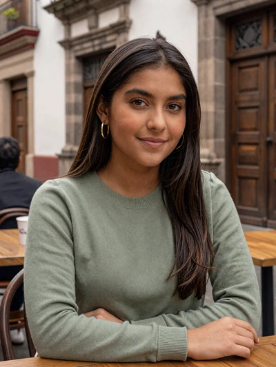 Daniela, 25, Ecuadorian woman from Quito with dark hair at a colonial cafe in La Ronda - Latin 312 Dating verified profile