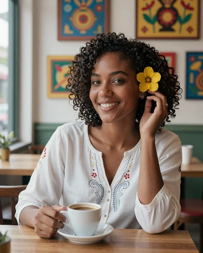 Haitian woman enjoying coffee at a Jacmel cafe with colorful Haitian naïve art paintings on the wall behind her