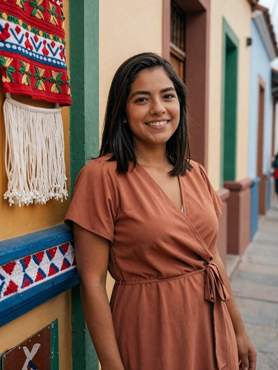 Dahiana, 26, Paraguayan woman from Luque in terracotta dress at colorful Paraguayan street - Latin 312 Dating profile