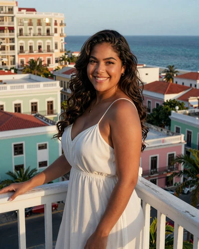 Beautiful Puerto Rican woman on a balcony overlooking colorful Old San Juan rooftops and Caribbean Sea at golden hour