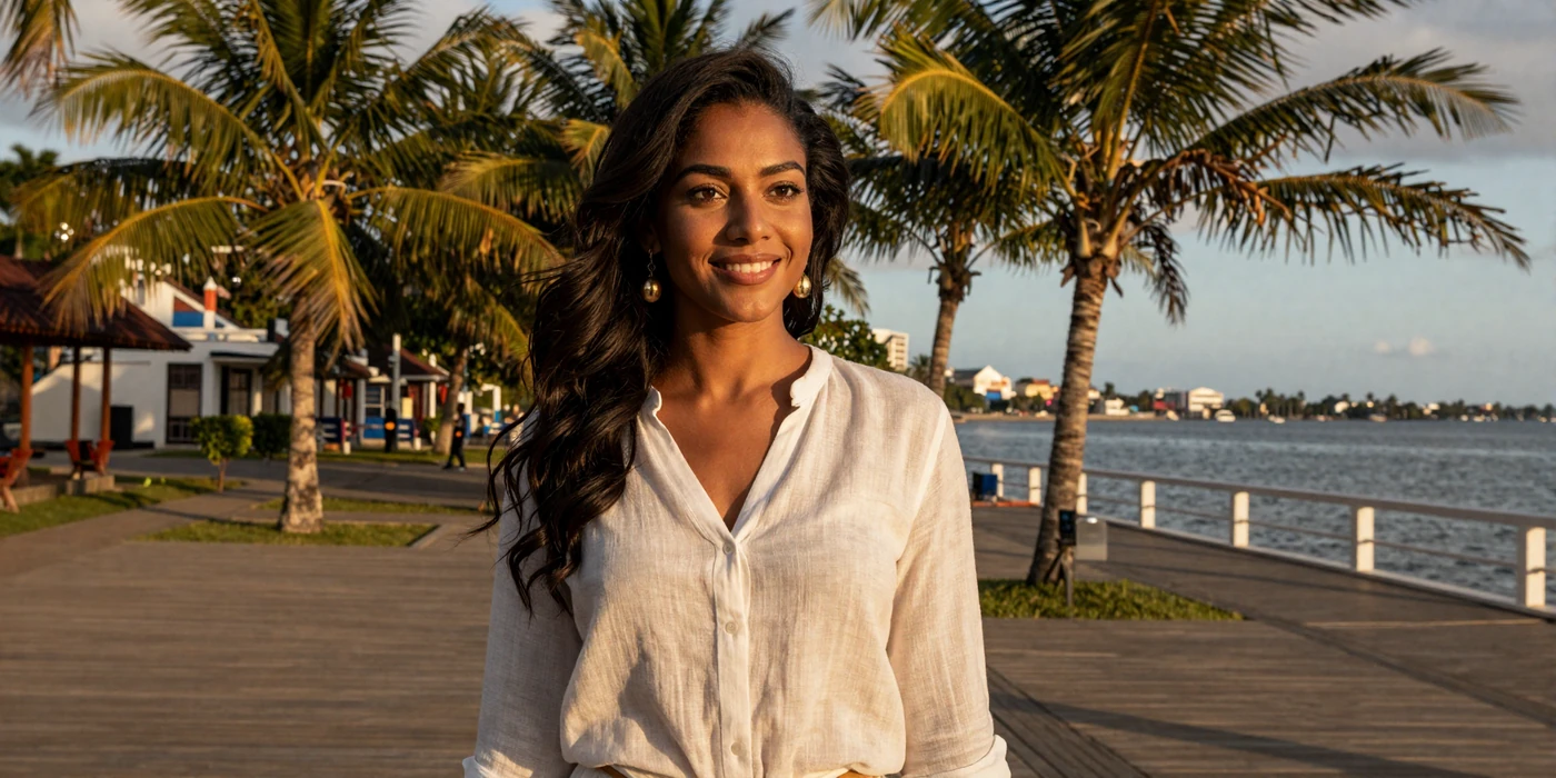 Beautiful Guyanese woman smiling on tropical Georgetown waterfront boardwalk with palm trees and golden sunset light
