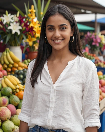 Surinamese-Hindustani woman at a colorful Paramaribo market wearing casual linen blouse with warm natural smile