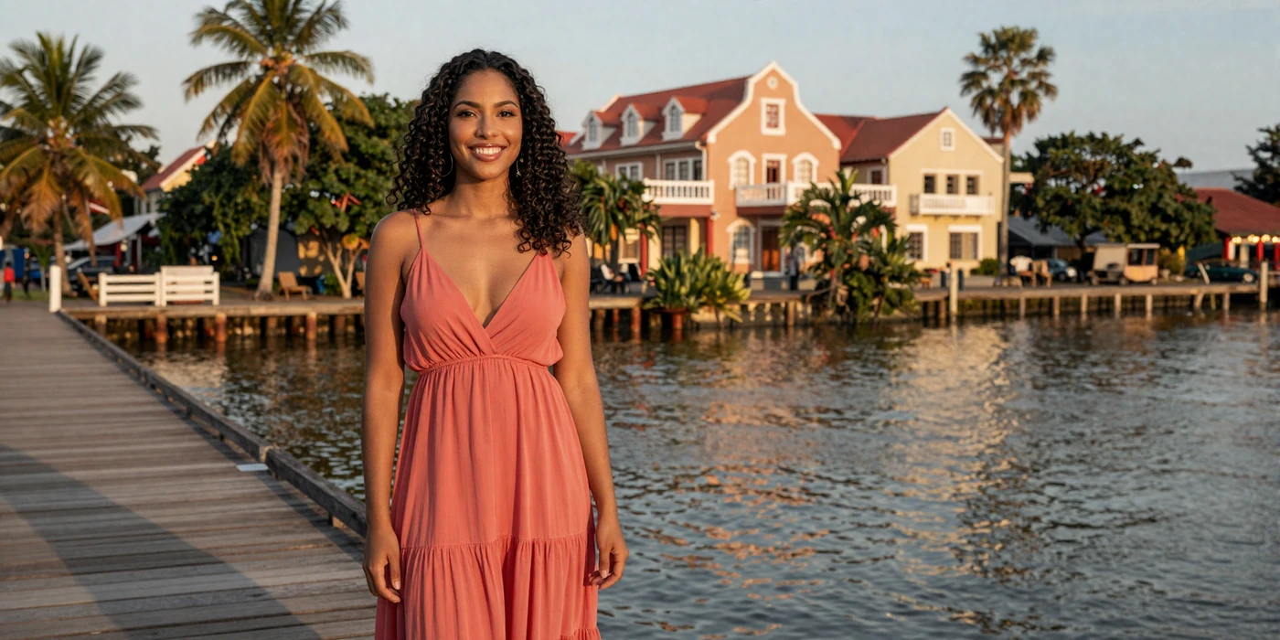 Beautiful Surinamese woman smiling on Paramaribo waterfront with colonial Dutch architecture and tropical palm trees at golden hour
