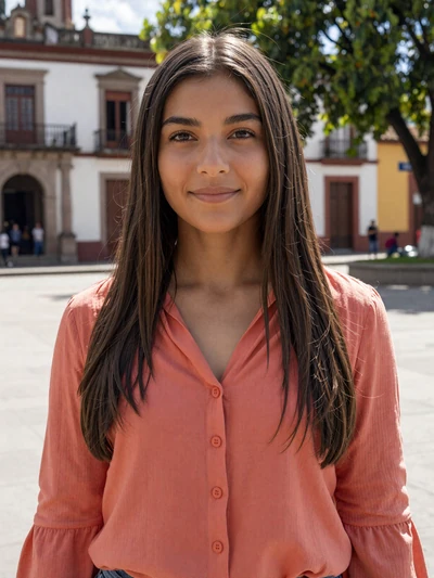 Romina, 25, Paraguayan woman from Asunción with dark brown hair in coral blouse at colonial plaza - Latin 312 Dating verified profile