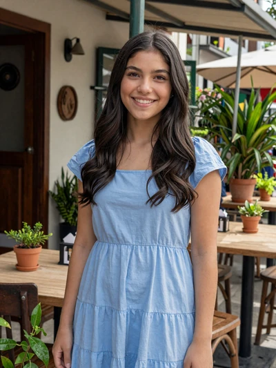 Larissa, 22, Paraguayan woman from Lambaré in sky blue dress at cafe patio - Latin 312 verified profile
