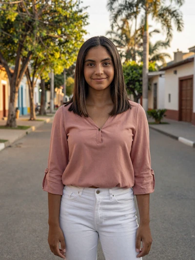 Andrea, 25, Paraguayan single from Fernando de la Mora in dusty rose blouse on tree-lined street - verified dating profile