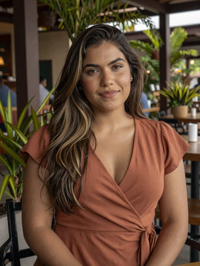 Gabriela, 28, Venezuelan woman from Valencia in terracotta dress at tropical outdoor restaurant - Latin 312 verified profile